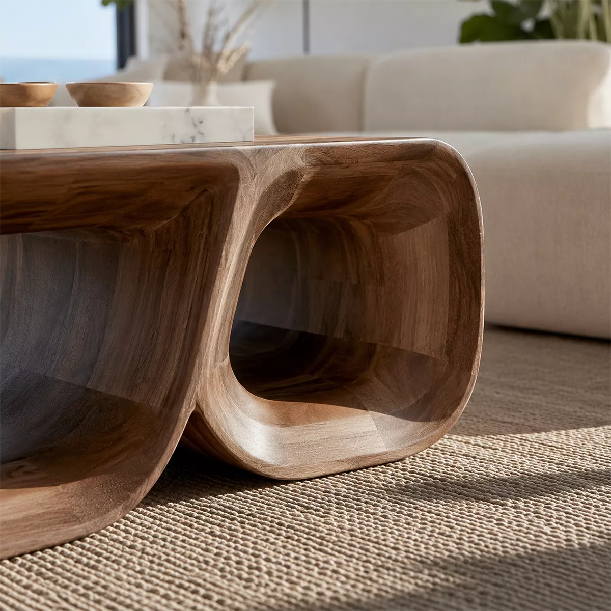 Sculptural Solid Wood Coffee Table With Double Open Wave Base And Natural Wood Grain For Modern Living Room
