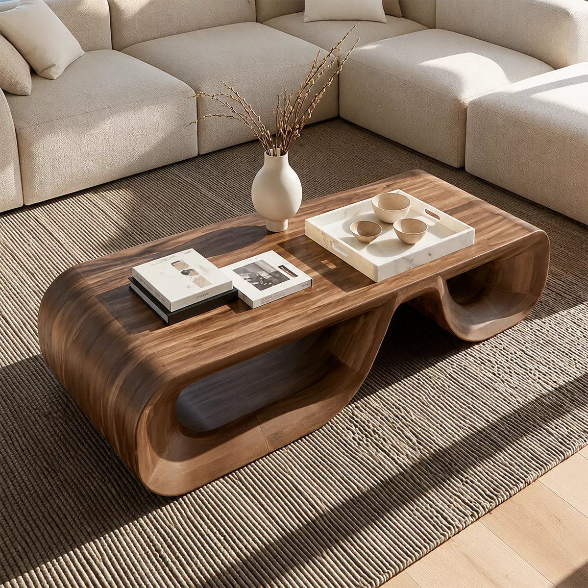 Sculptural Solid Wood Coffee Table With Double Open Wave Base And Natural Wood Grain For Modern Living Room
