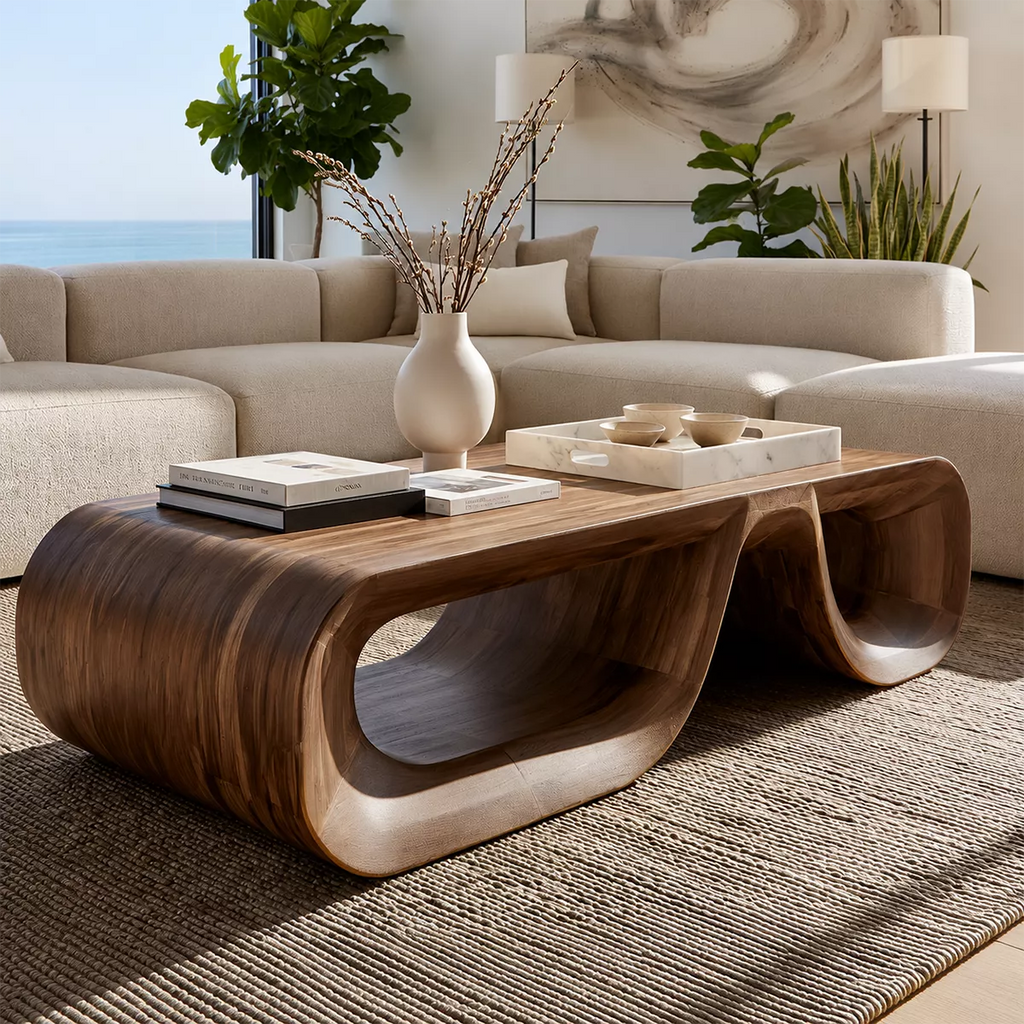 Sculptural Solid Wood Coffee Table With Double Open Wave Base And Natural Wood Grain For Modern Living Room