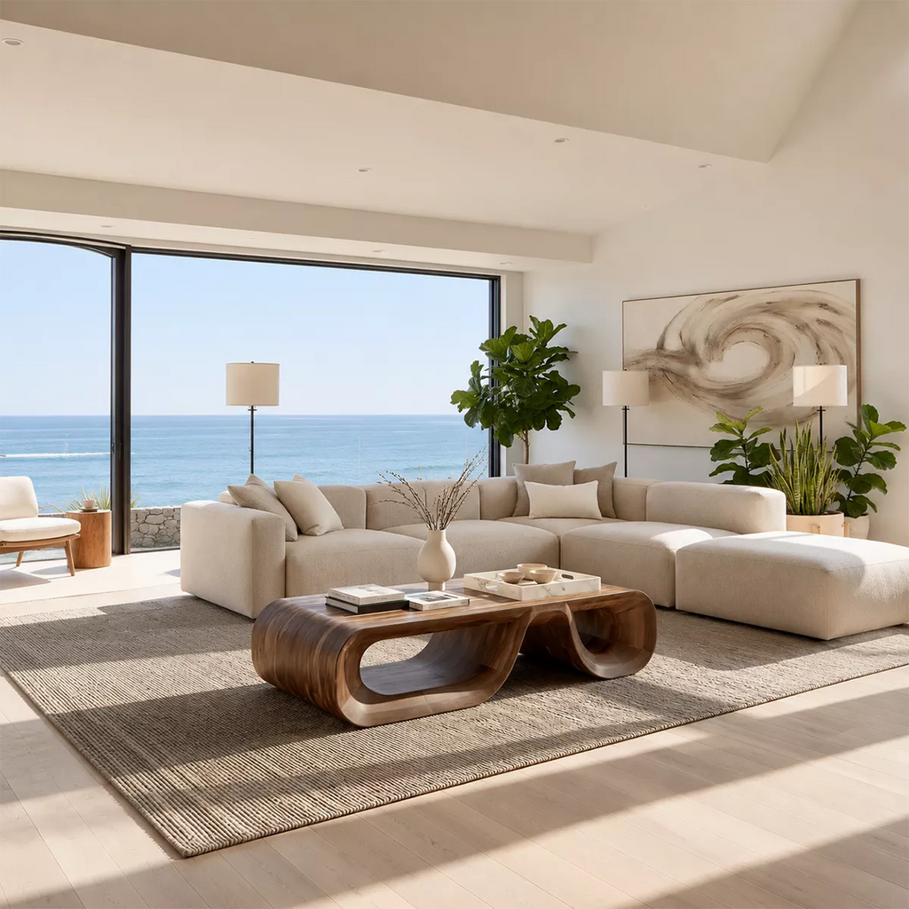 Sculptural Solid Wood Coffee Table With Double Open Wave Base And Natural Wood Grain For Modern Living Room