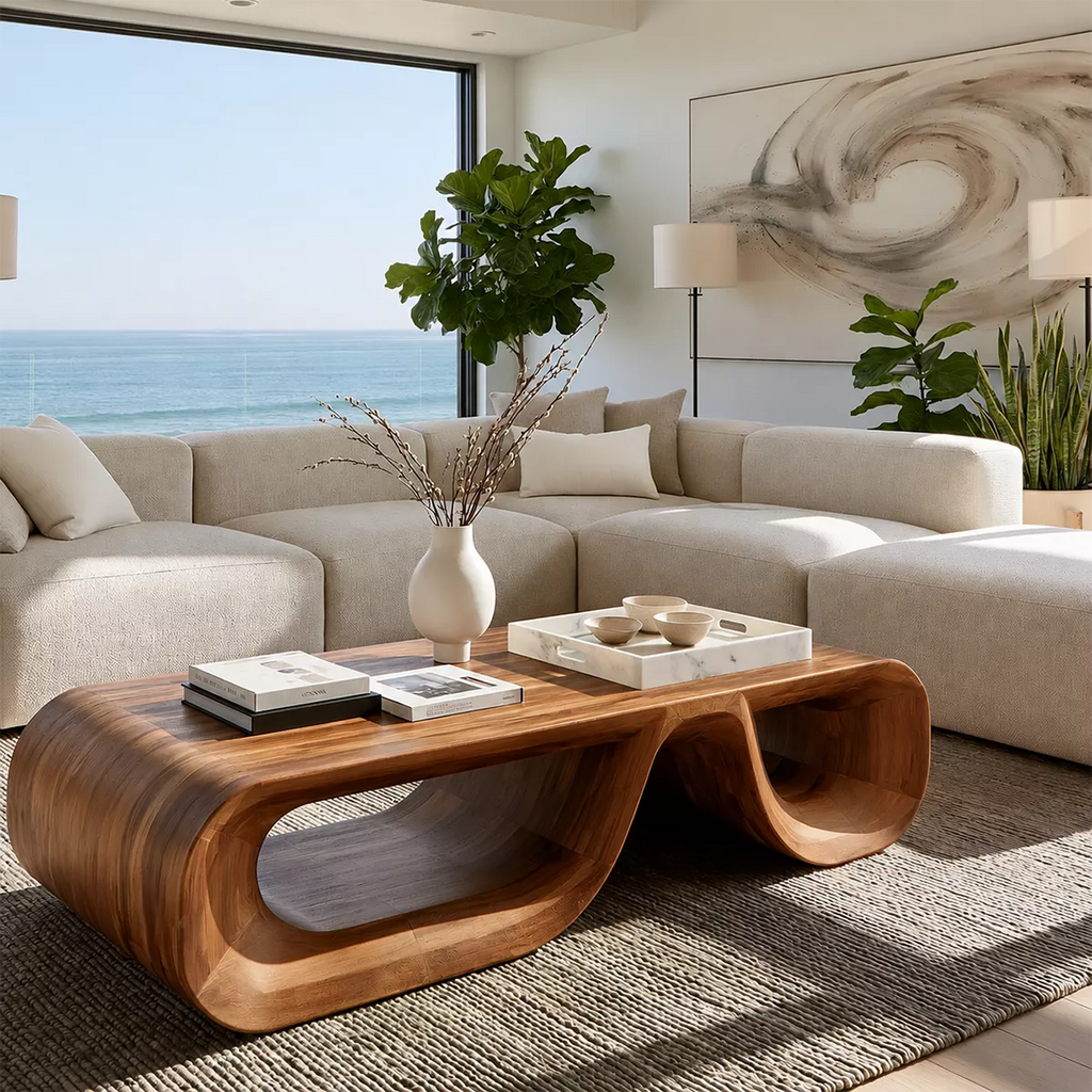 Sculptural Solid Wood Coffee Table With Double Open Wave Base And Natural Wood Grain For Modern Living Room