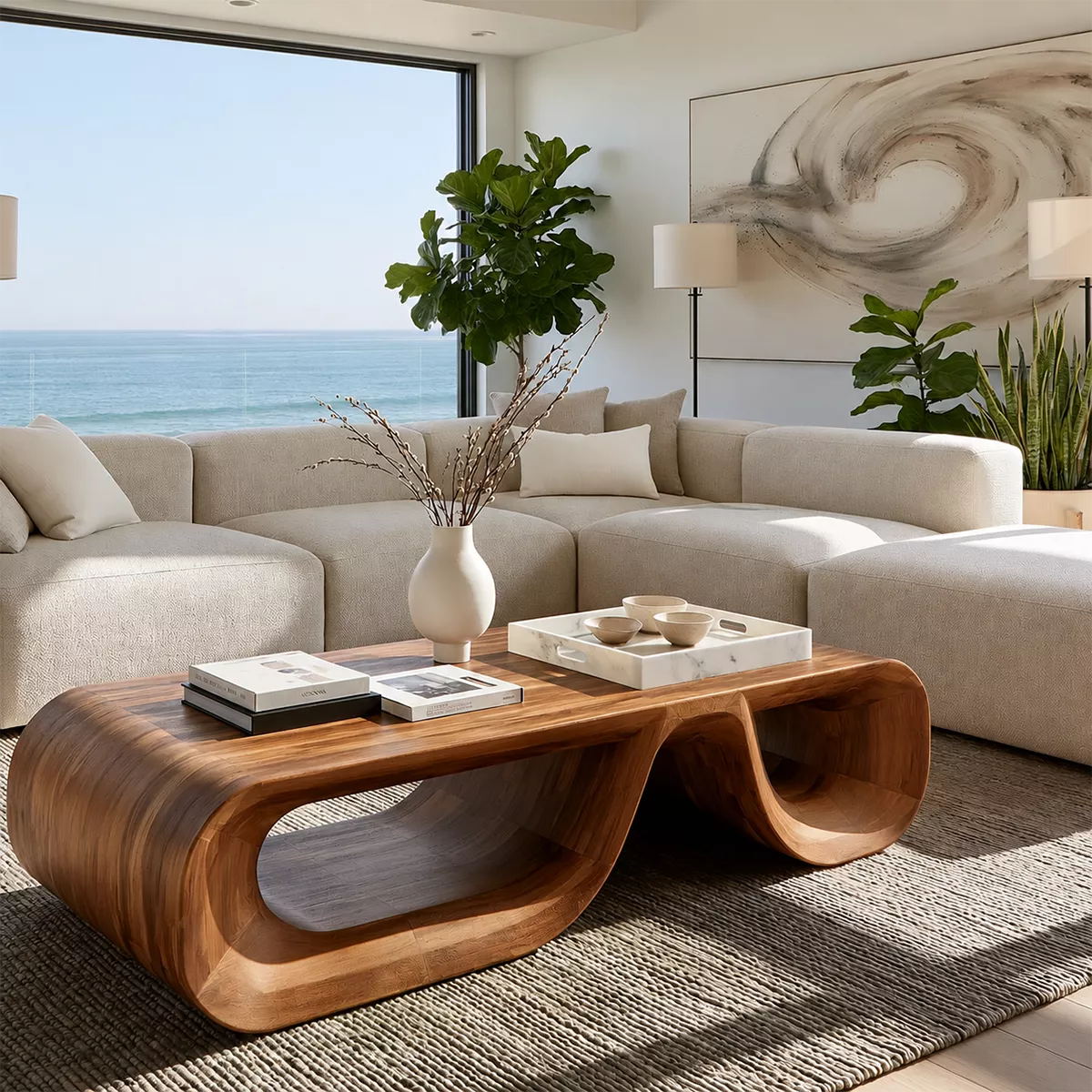 Sculptural Solid Wood Coffee Table With Double Open Wave Base And Natural Wood Grain For Modern Living Room