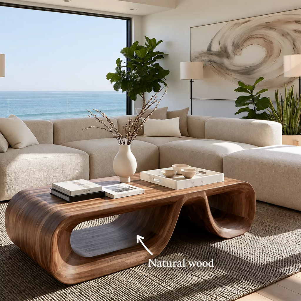 Sculptural Solid Wood Coffee Table With Double Open Wave Base And Natural Wood Grain For Modern Living Room