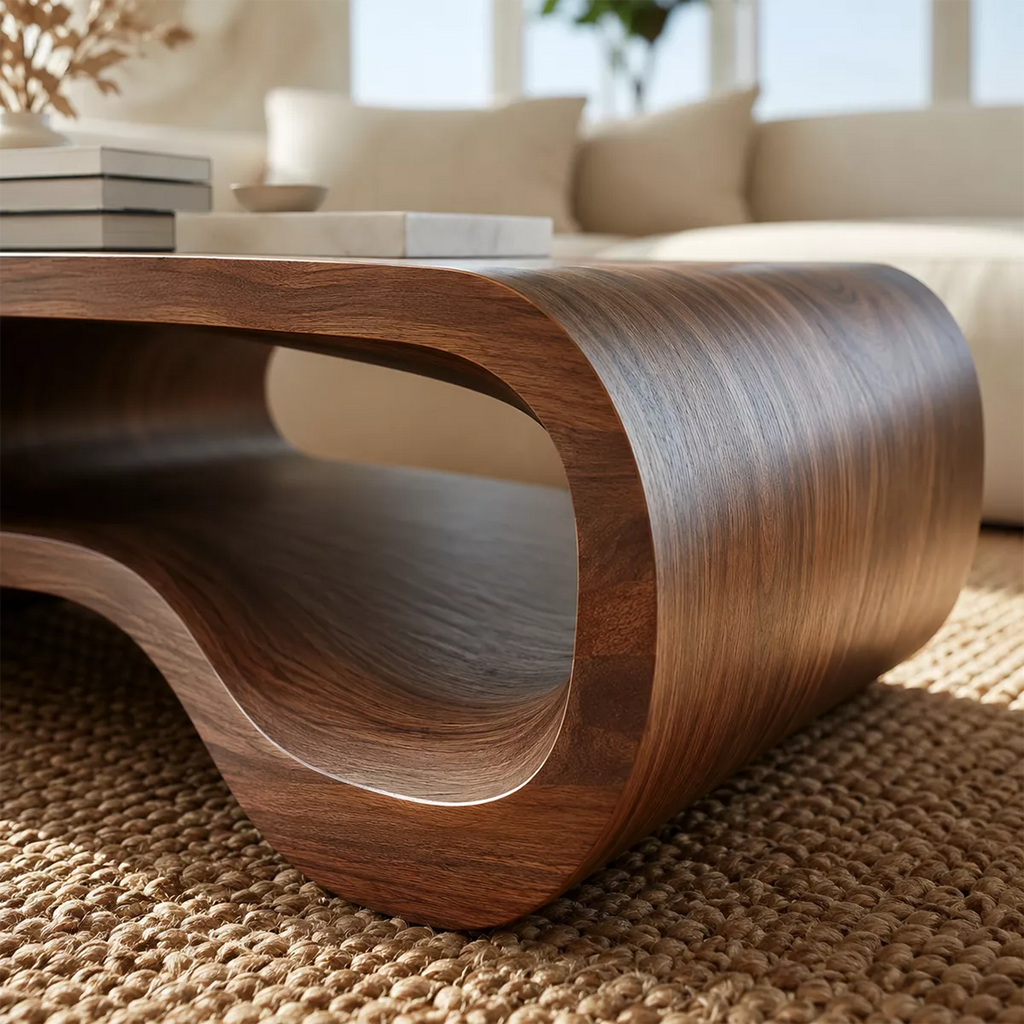 Modern Solid Wood Coffee Table With Double Hollow Base Rounded Sides And Natural Wood Grain For Living Room