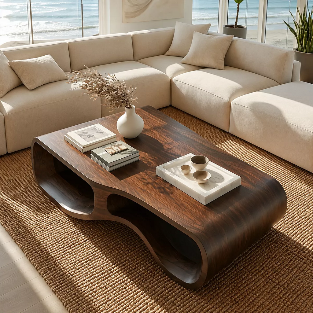 Modern Solid Wood Coffee Table With Double Hollow Base Rounded Sides And Natural Wood Grain For Living Room