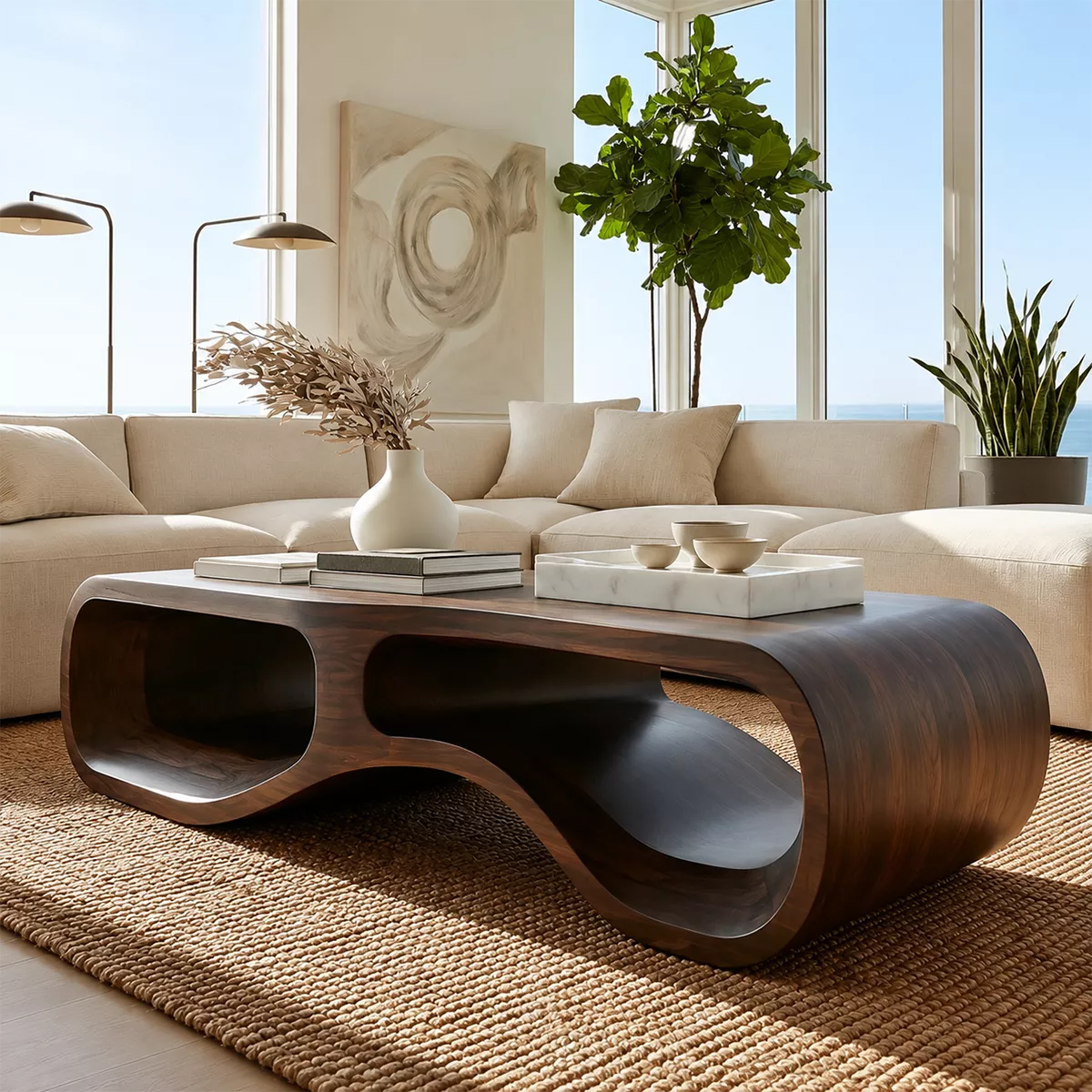 Modern Solid Wood Coffee Table With Double Hollow Base Rounded Sides And Natural Wood Grain For Living Room