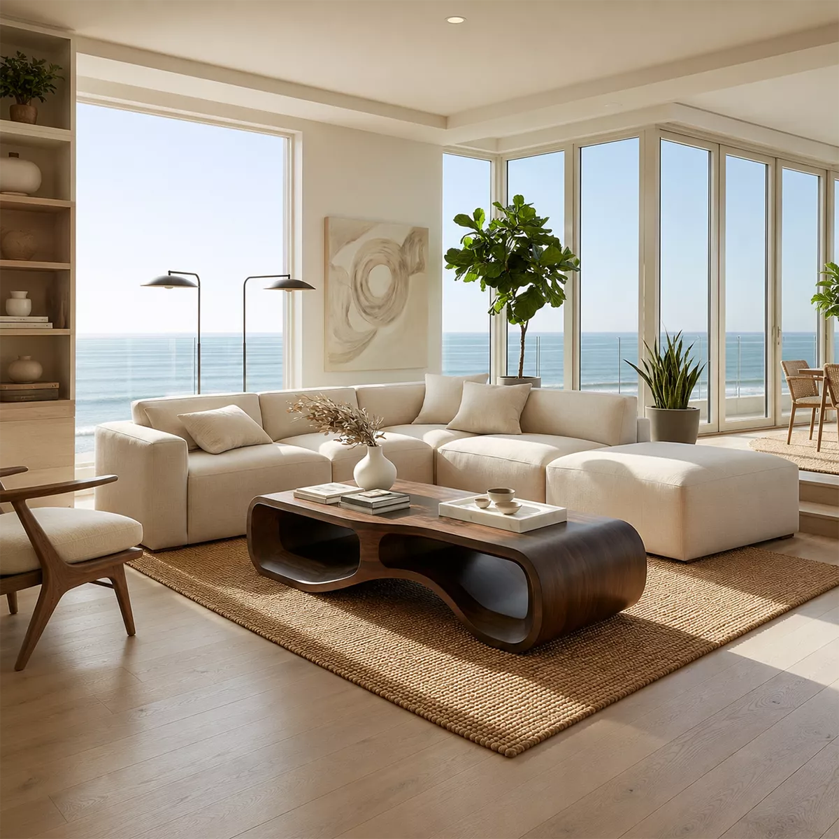 Modern Solid Wood Coffee Table With Double Hollow Base Rounded Sides And Natural Wood Grain For Living Room