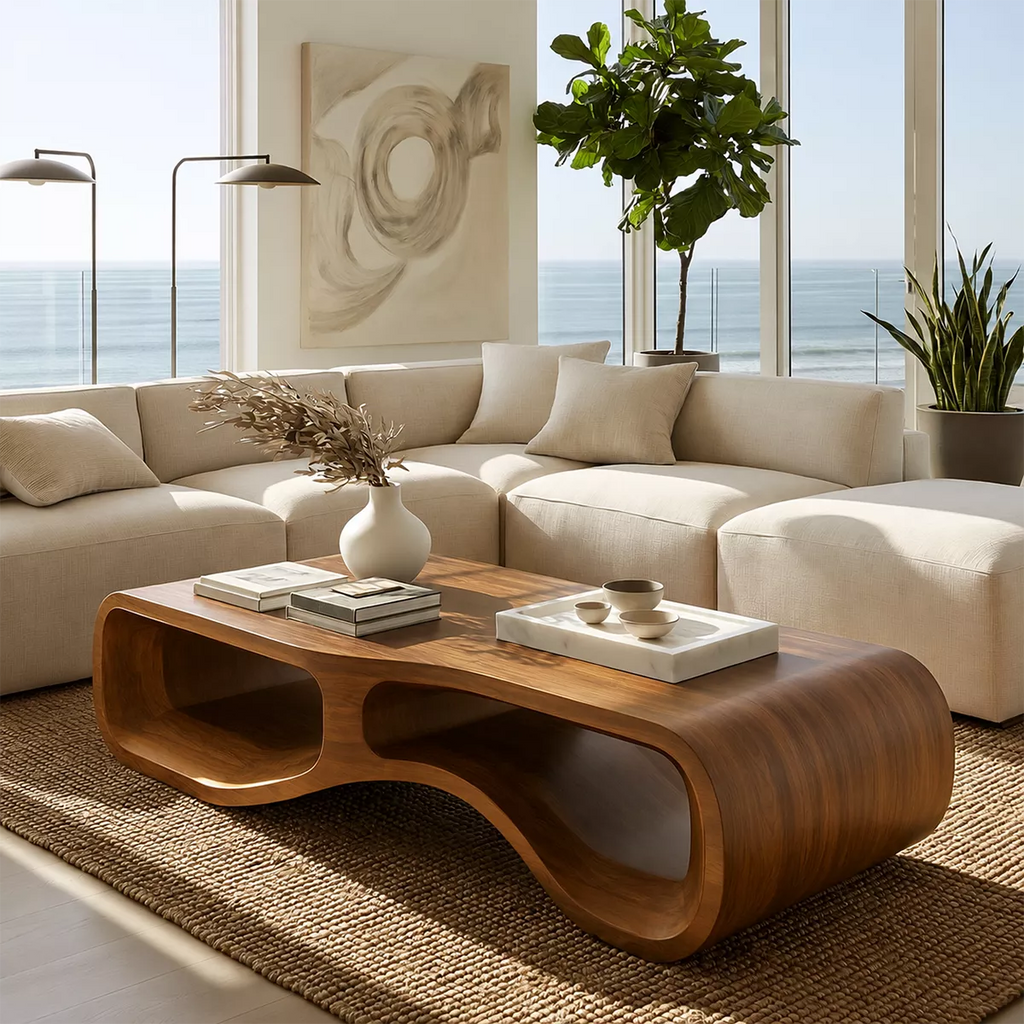 Modern Solid Wood Coffee Table With Double Hollow Base Rounded Sides And Natural Wood Grain For Living Room