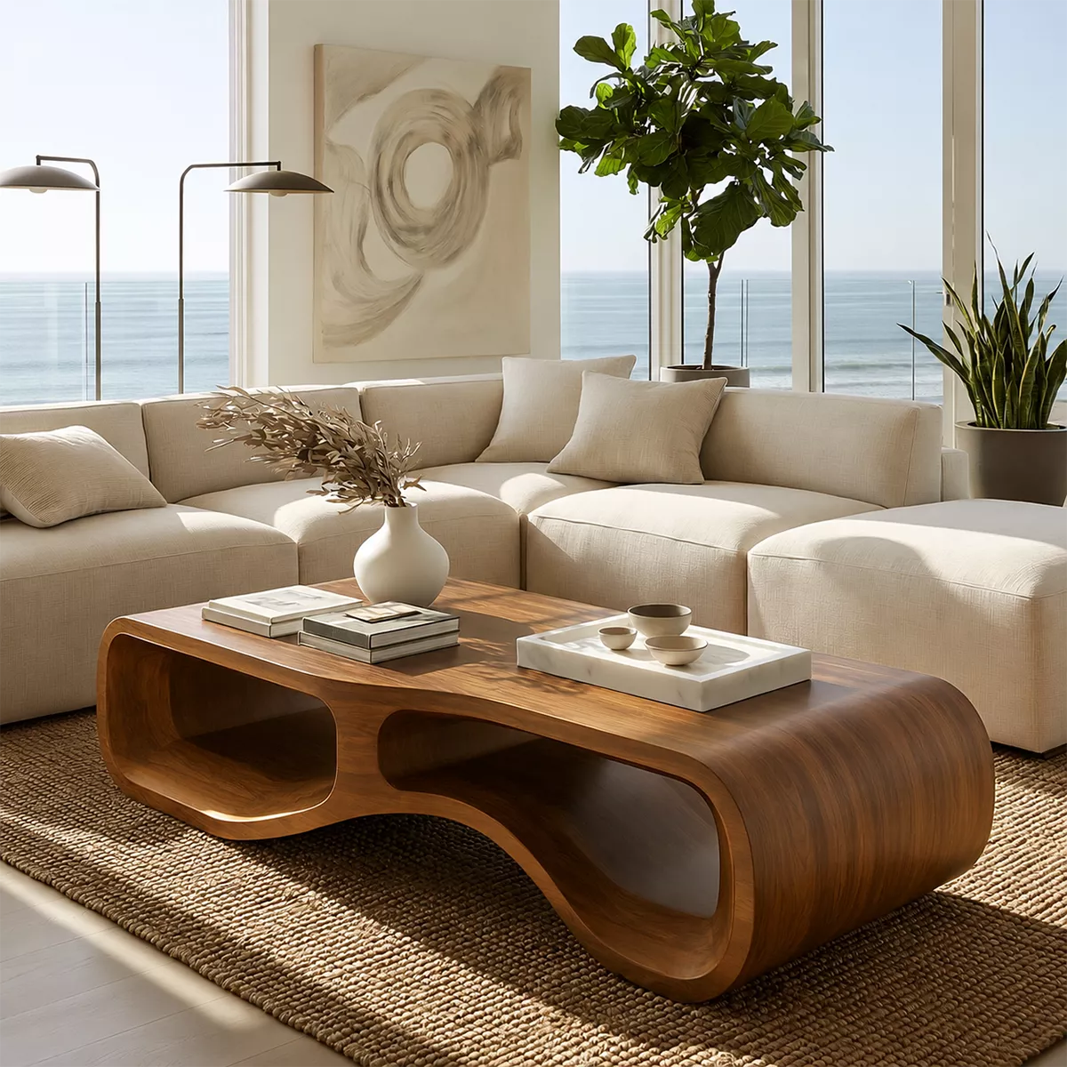 Modern Solid Wood Coffee Table With Double Hollow Base Rounded Sides And Natural Wood Grain For Living Room