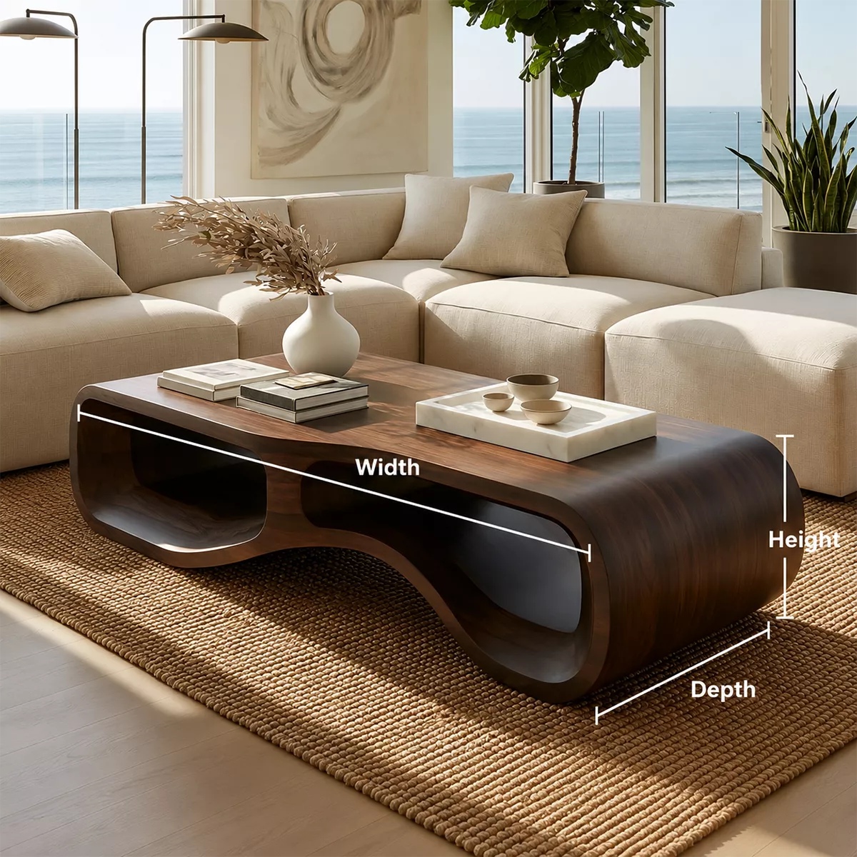 Modern Solid Wood Coffee Table With Double Hollow Base Rounded Sides And Natural Wood Grain For Living Room