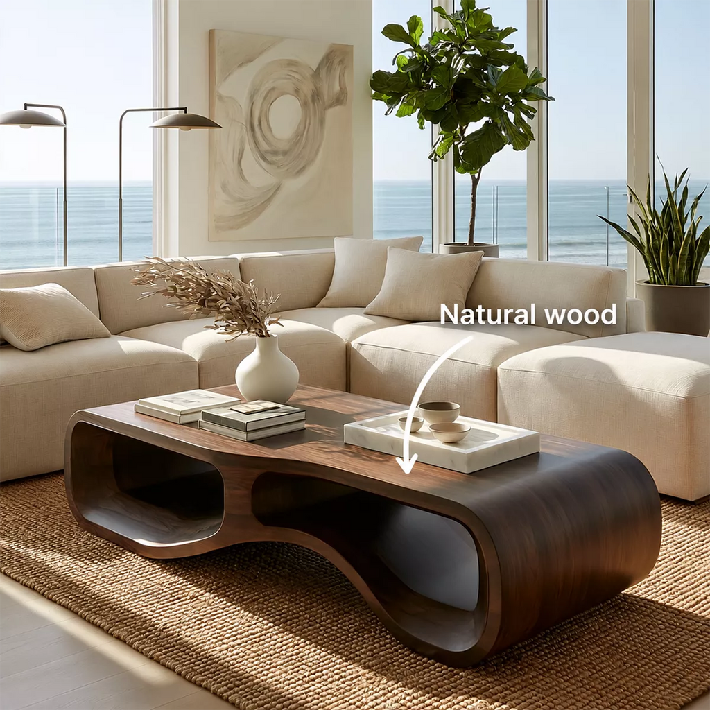 Modern Solid Wood Coffee Table With Double Hollow Base Rounded Sides And Natural Wood Grain For Living Room