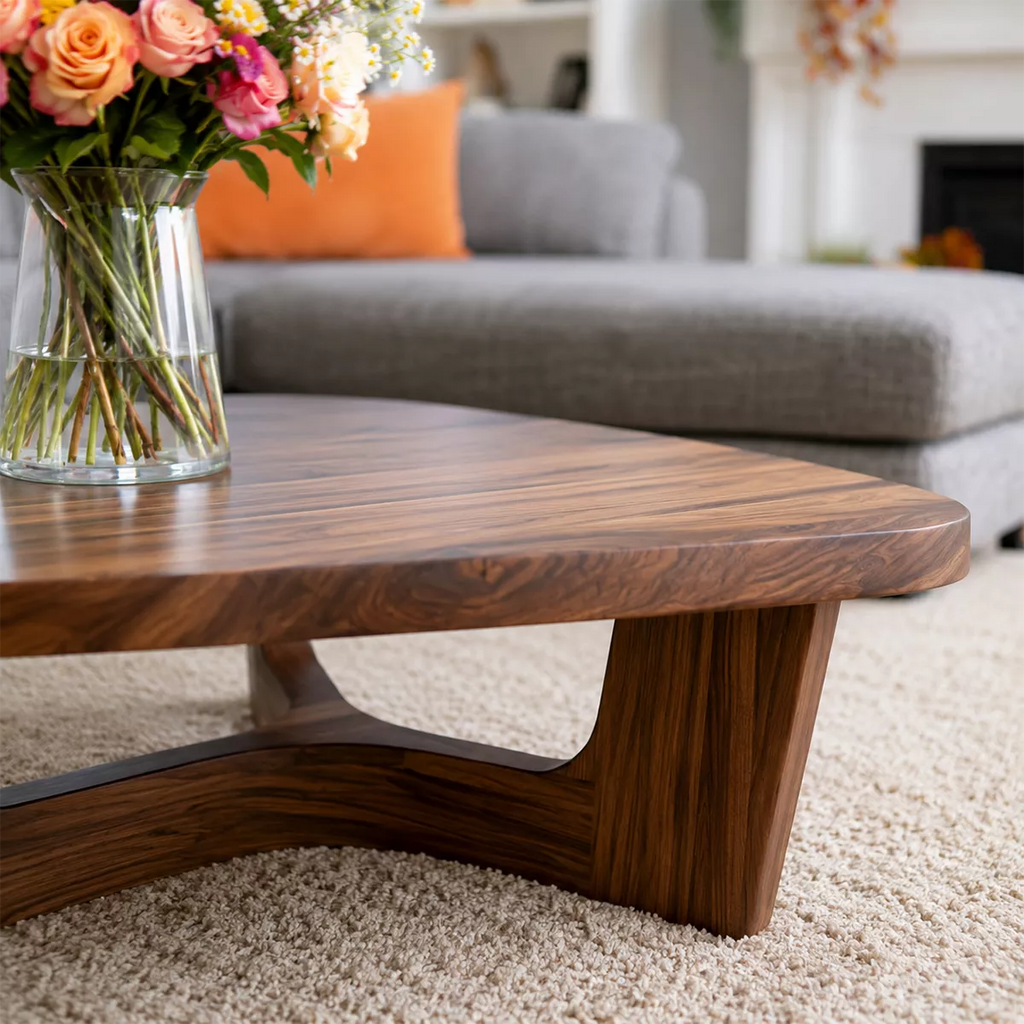 Organic Solid Wood Coffee Table With Sculptural Open Base And Rounded Edges For Modern Living Room