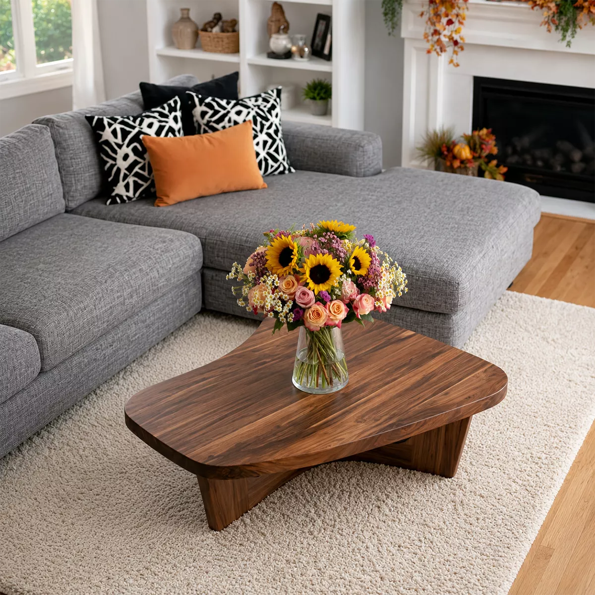 Organic Solid Wood Coffee Table With Sculptural Open Base And Rounded Edges For Modern Living Room