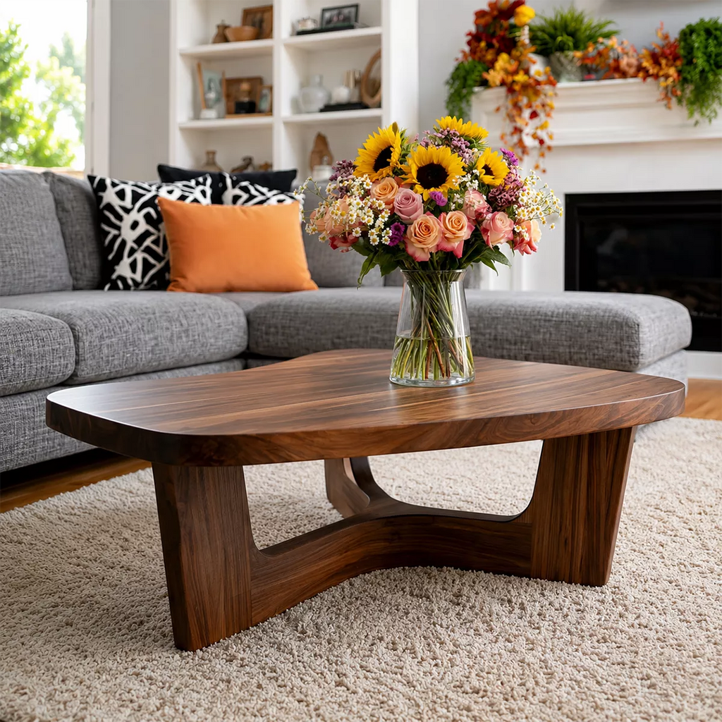 Organic Solid Wood Coffee Table With Sculptural Open Base And Rounded Edges For Modern Living Room