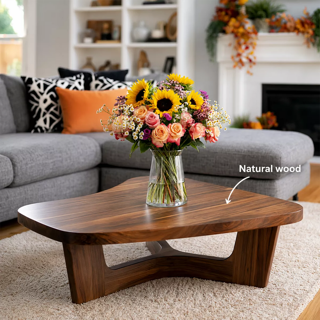 Organic Solid Wood Coffee Table With Sculptural Open Base And Rounded Edges For Modern Living Room