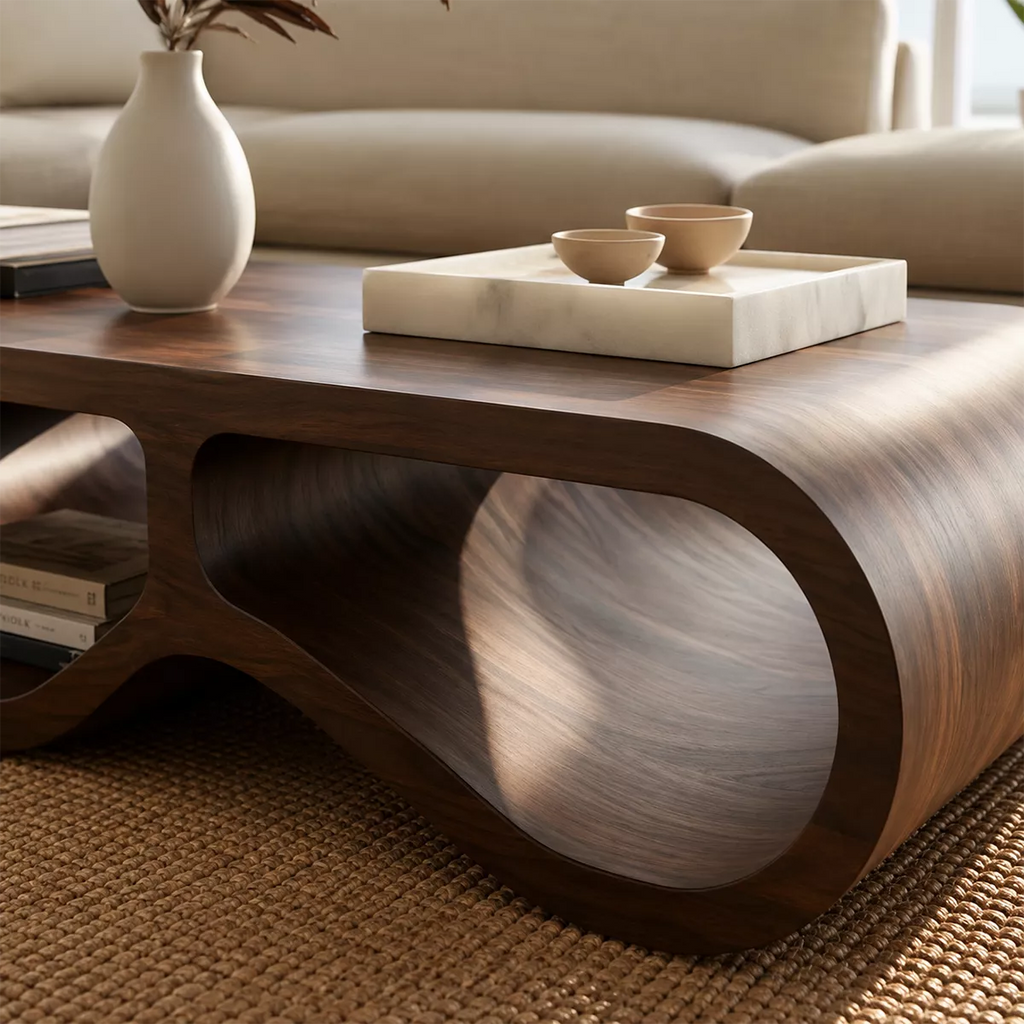 Modern Solid Wood Coffee Table With Triple Hollow Base Rounded Sides And Natural Wood Grain For Living Room