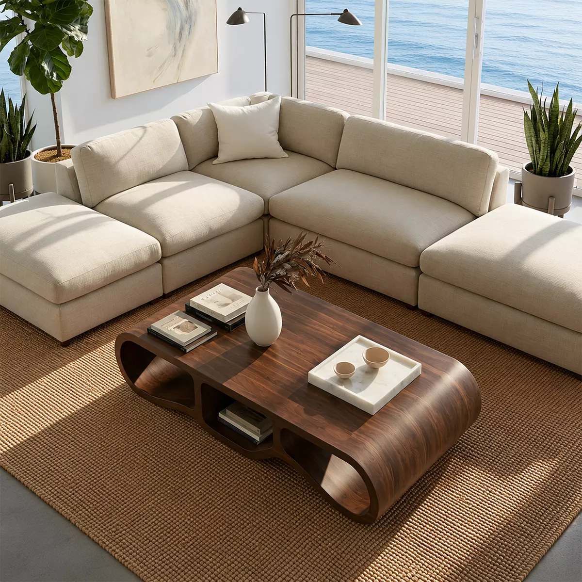 Modern Solid Wood Coffee Table With Triple Hollow Base Rounded Sides And Natural Wood Grain For Living Room
