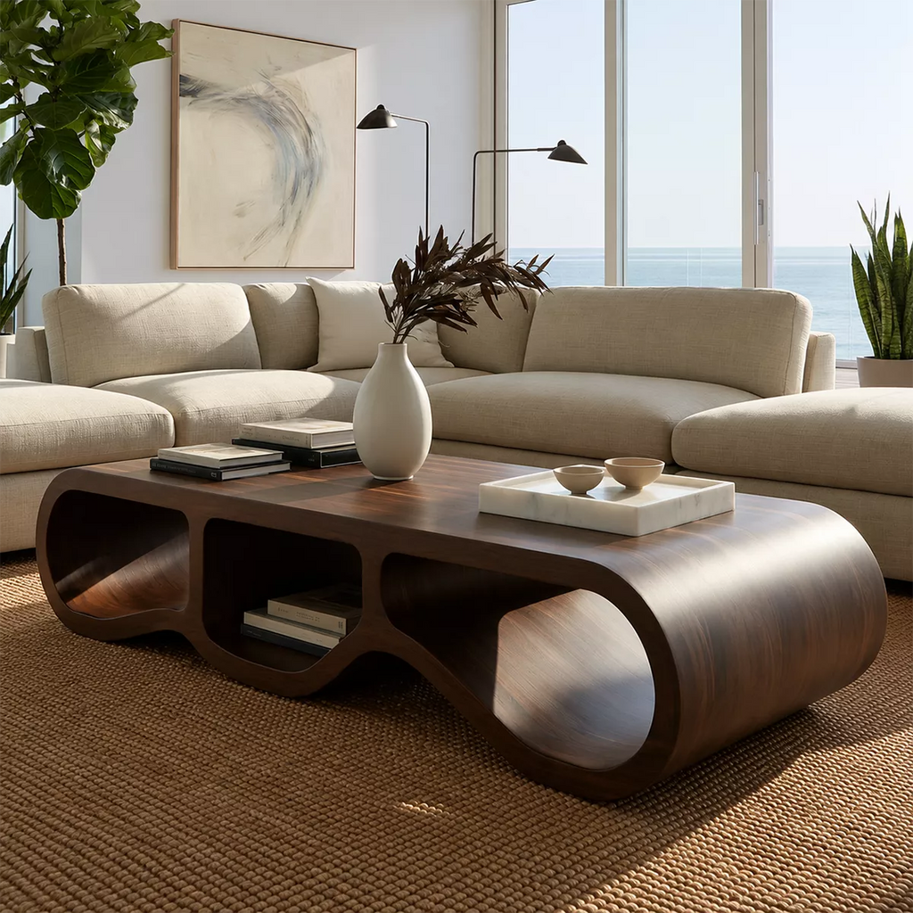 Modern Solid Wood Coffee Table With Triple Hollow Base Rounded Sides And Natural Wood Grain For Living Room