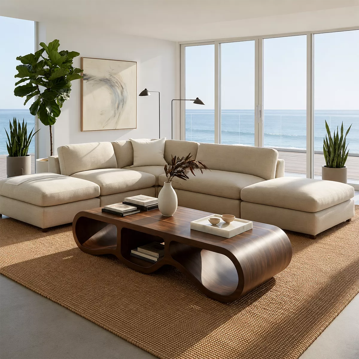 Modern Solid Wood Coffee Table With Triple Hollow Base Rounded Sides And Natural Wood Grain For Living Room