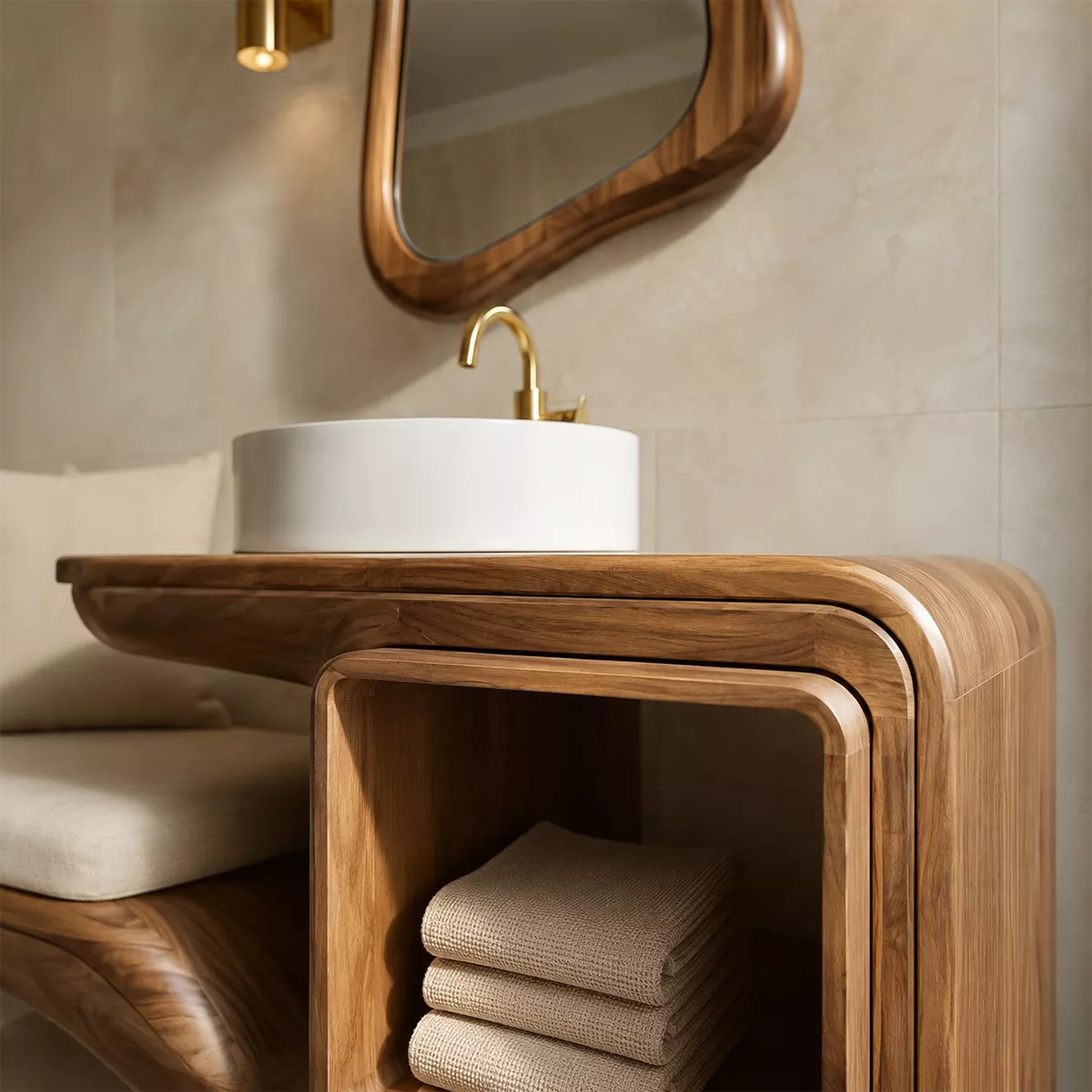 Sculptural Solid Wood Bathroom Vanity With Integrated Bench Open Shelf And Organic Mirror Frame