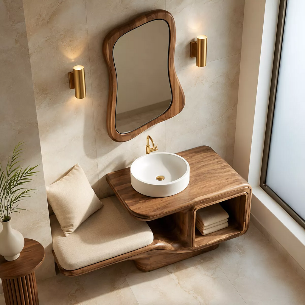 Sculptural Solid Wood Bathroom Vanity With Integrated Bench Open Shelf And Organic Mirror Frame