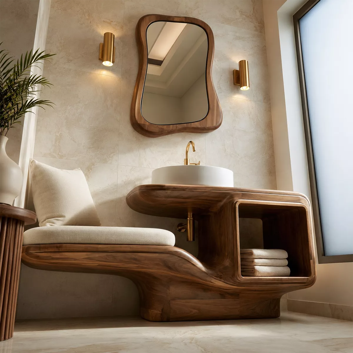 Sculptural Solid Wood Bathroom Vanity With Integrated Bench Open Shelf And Organic Mirror Frame