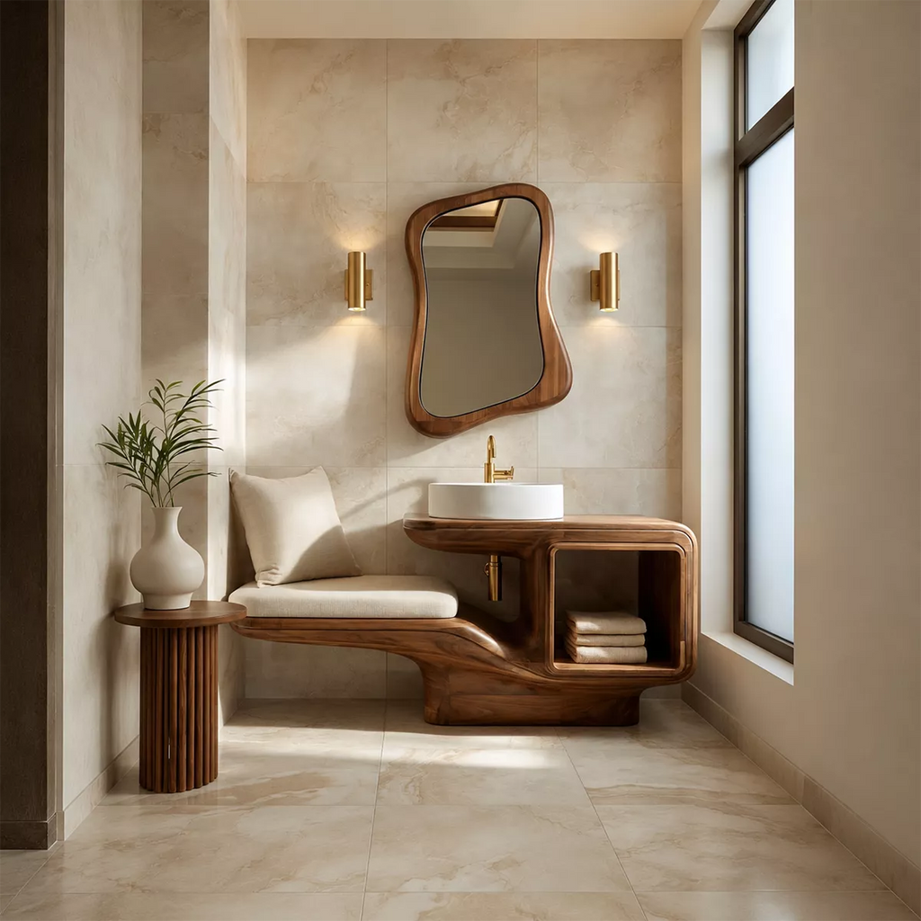 Sculptural Solid Wood Bathroom Vanity With Integrated Bench Open Shelf And Organic Mirror Frame