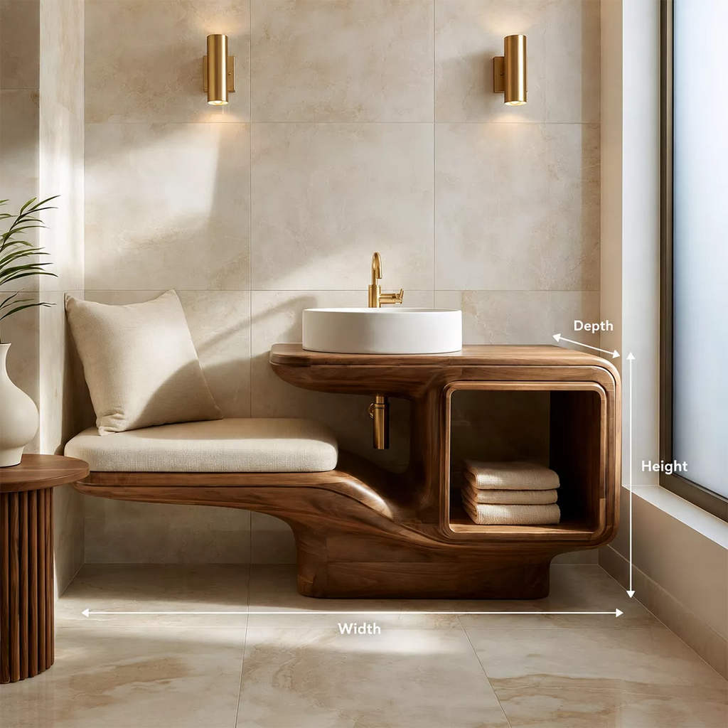 Sculptural Solid Wood Bathroom Vanity With Integrated Bench Open Shelf And Organic Mirror Frame
