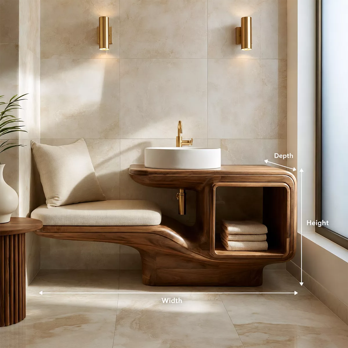 Sculptural Solid Wood Bathroom Vanity With Integrated Bench Open Shelf And Organic Mirror Frame