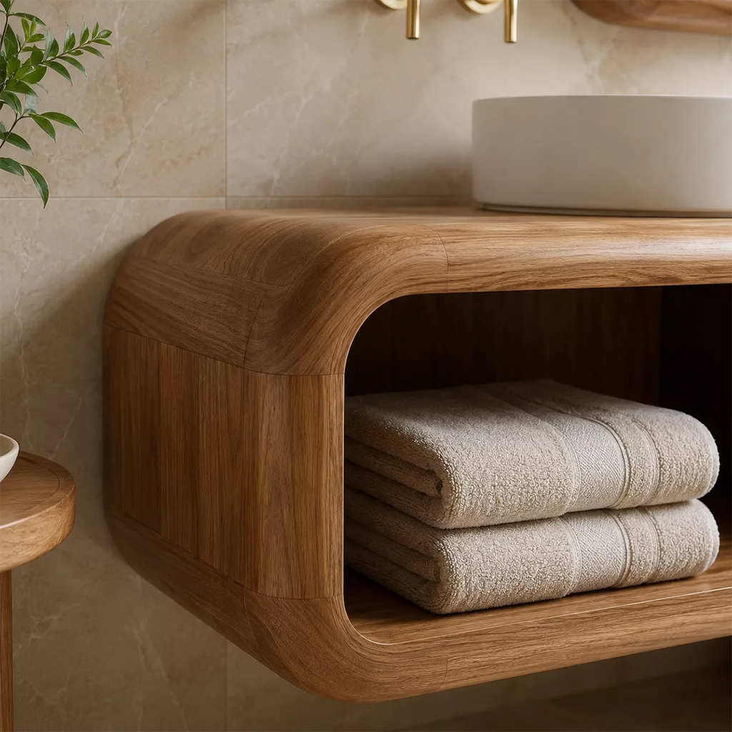 Floating Solid Wood Bathroom Vanity With Integrated Bench Open Shelf And Organic Mirror Frame