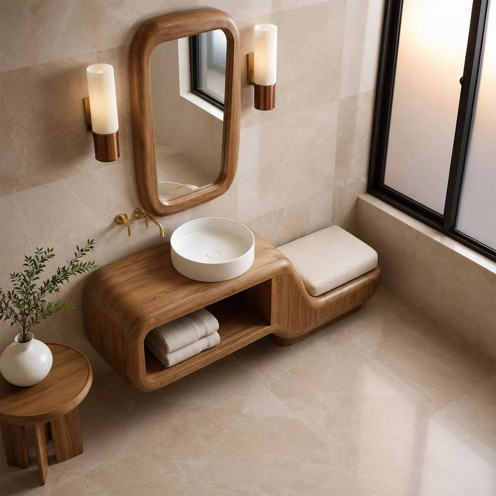 Floating Solid Wood Bathroom Vanity With Integrated Bench Open Shelf And Organic Mirror Frame