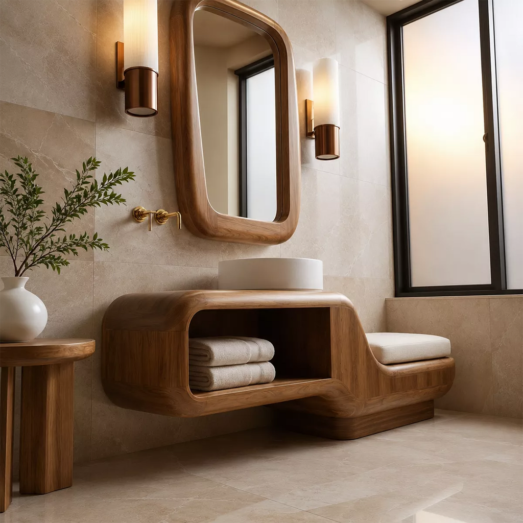 Floating Solid Wood Bathroom Vanity With Integrated Bench Open Shelf And Organic Mirror Frame