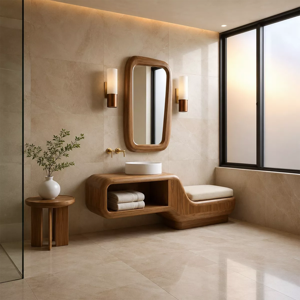 Floating Solid Wood Bathroom Vanity With Integrated Bench Open Shelf And Organic Mirror Frame