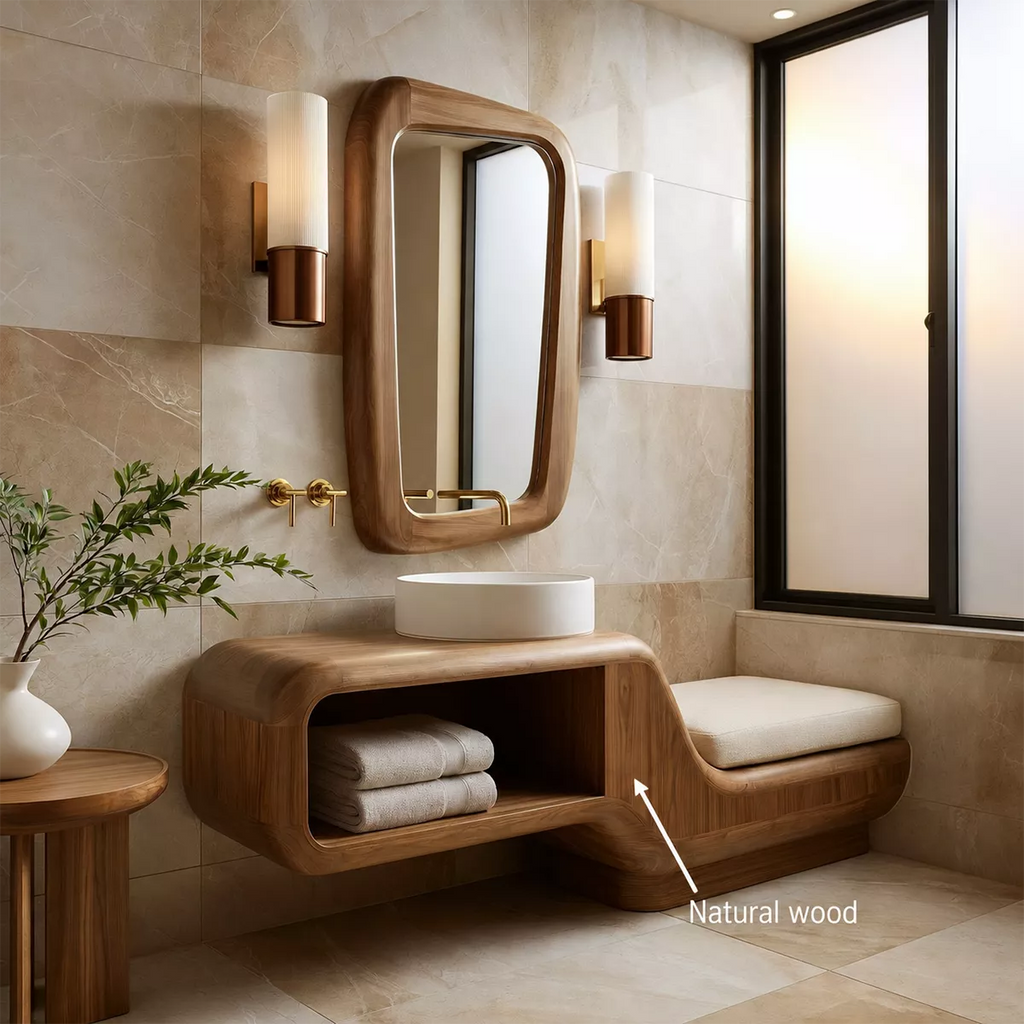 Floating Solid Wood Bathroom Vanity With Integrated Bench Open Shelf And Organic Mirror Frame