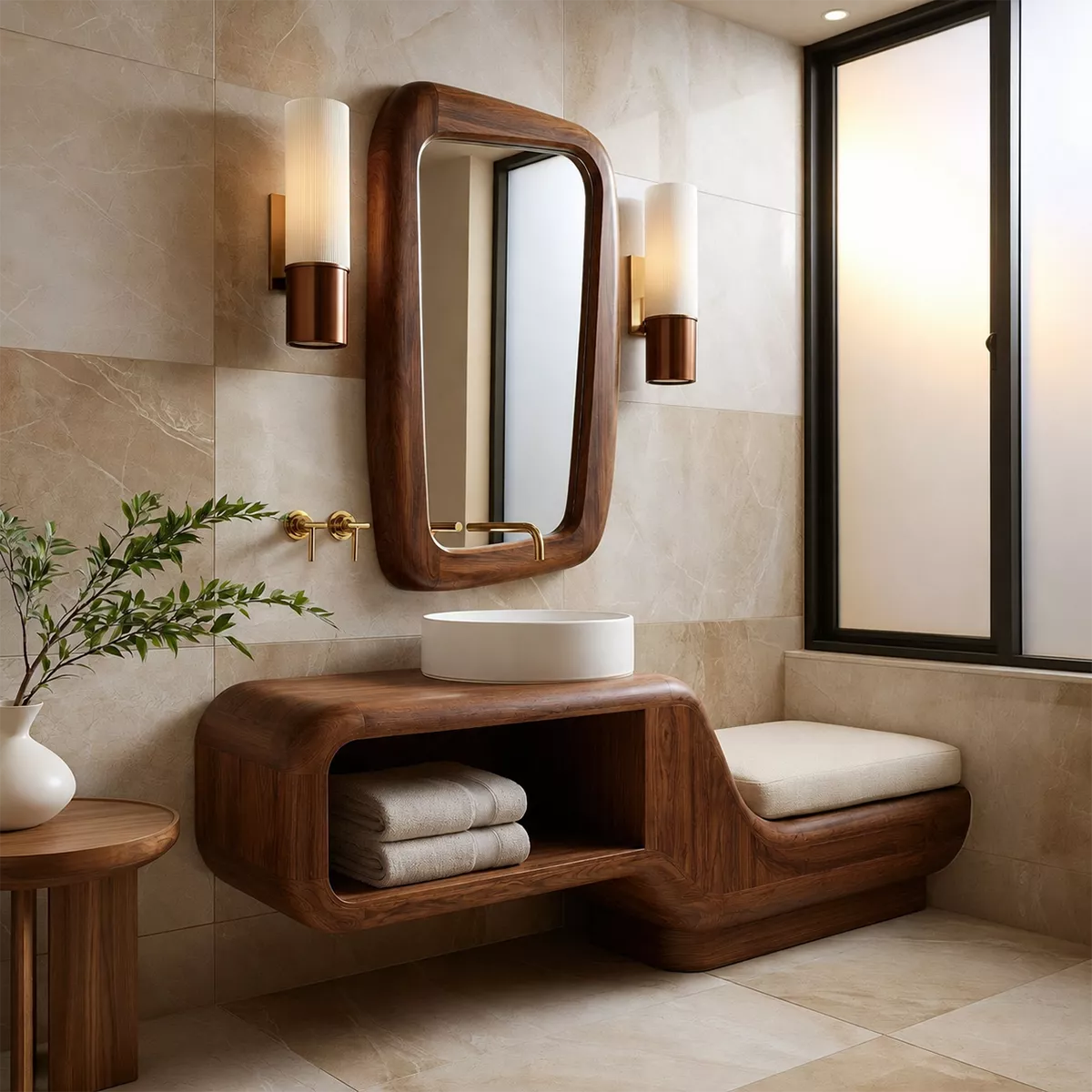 Floating Solid Wood Bathroom Vanity With Integrated Bench Open Shelf And Organic Mirror Frame
