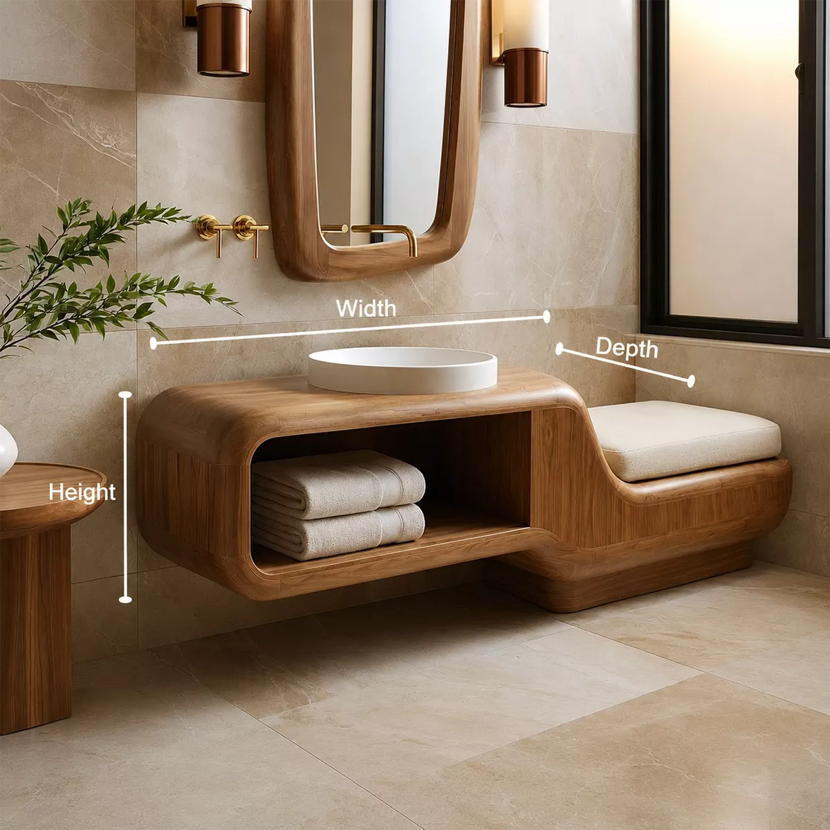 Floating Solid Wood Bathroom Vanity With Integrated Bench Open Shelf And Organic Mirror Frame