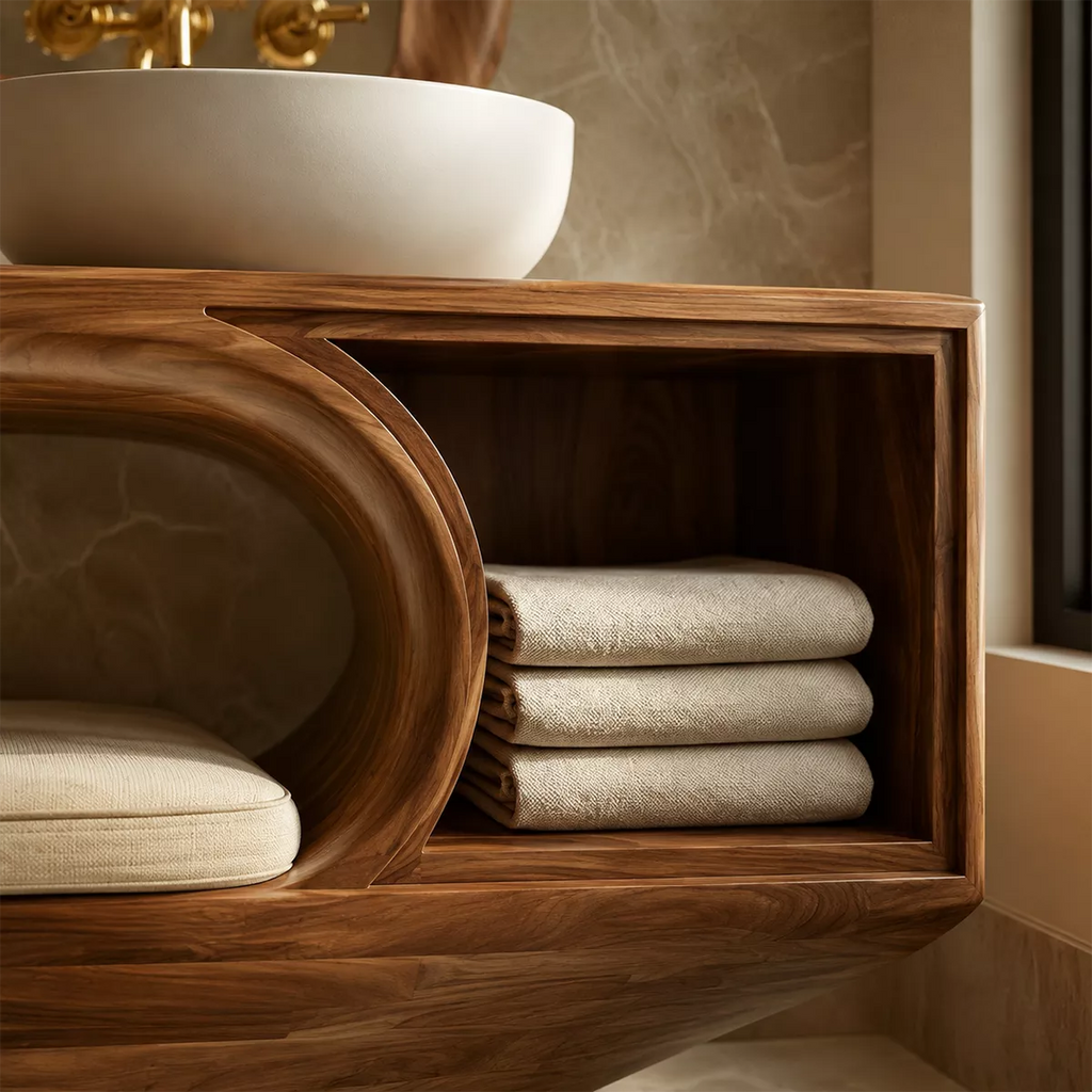 Solid Wood Bathroom Vanity With Integrated Bench Open Storage Shelf And Organic Mirror Frame