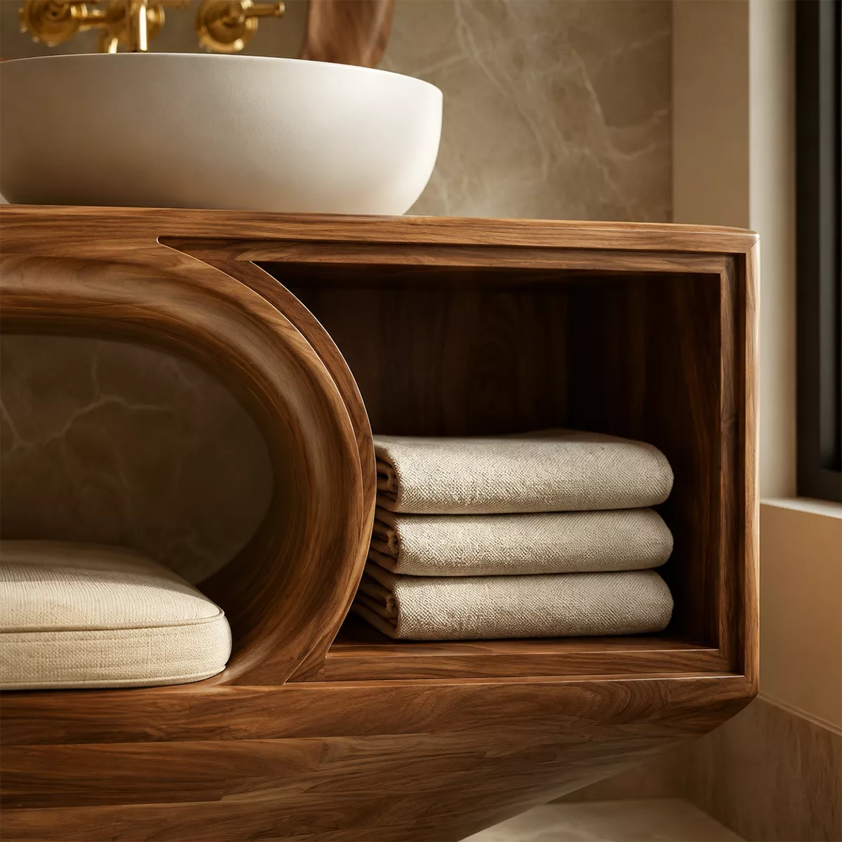 Solid Wood Bathroom Vanity With Integrated Bench Open Storage Shelf And Organic Mirror Frame