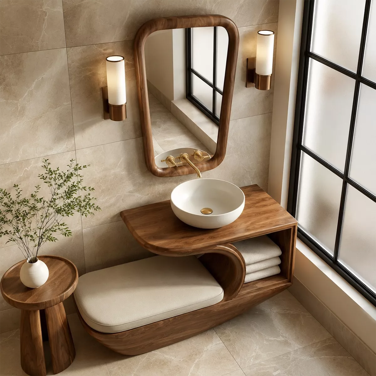 Solid Wood Bathroom Vanity With Integrated Bench Open Storage Shelf And Organic Mirror Frame