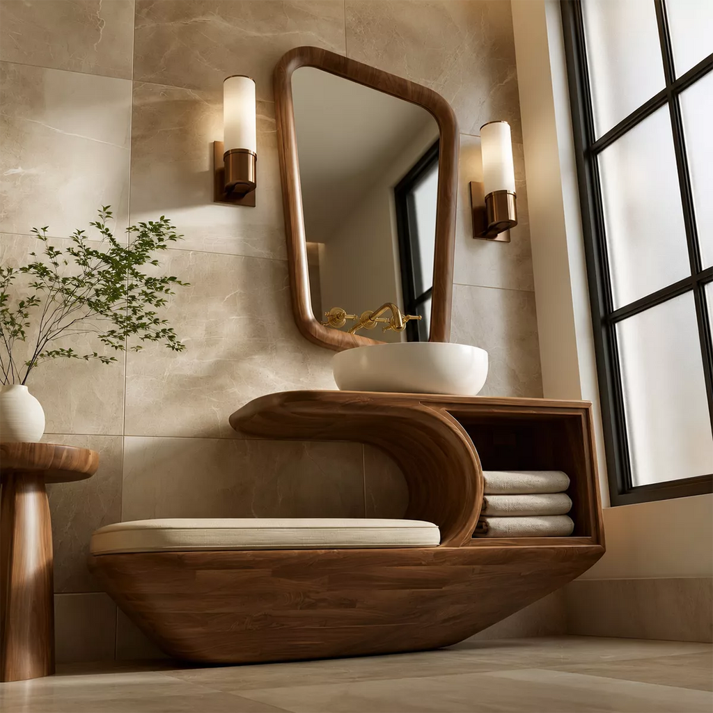Solid Wood Bathroom Vanity With Integrated Bench Open Storage Shelf And Organic Mirror Frame