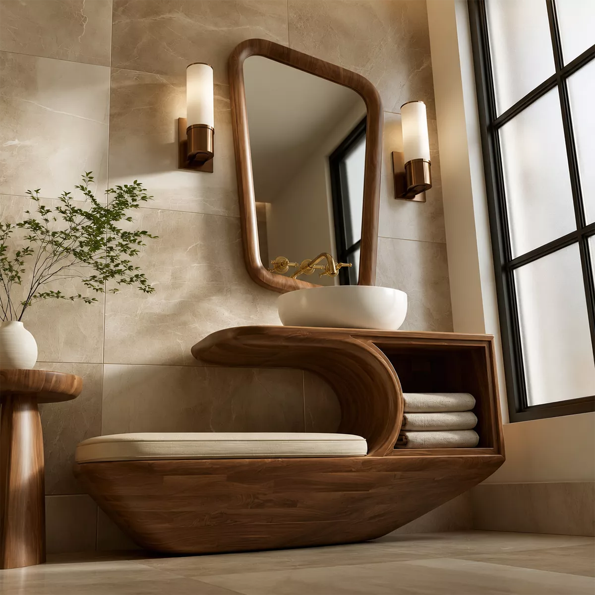 Solid Wood Bathroom Vanity With Integrated Bench Open Storage Shelf And Organic Mirror Frame