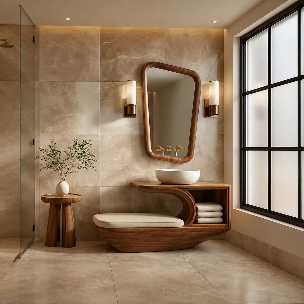 Solid Wood Bathroom Vanity With Integrated Bench Open Storage Shelf And Organic Mirror Frame