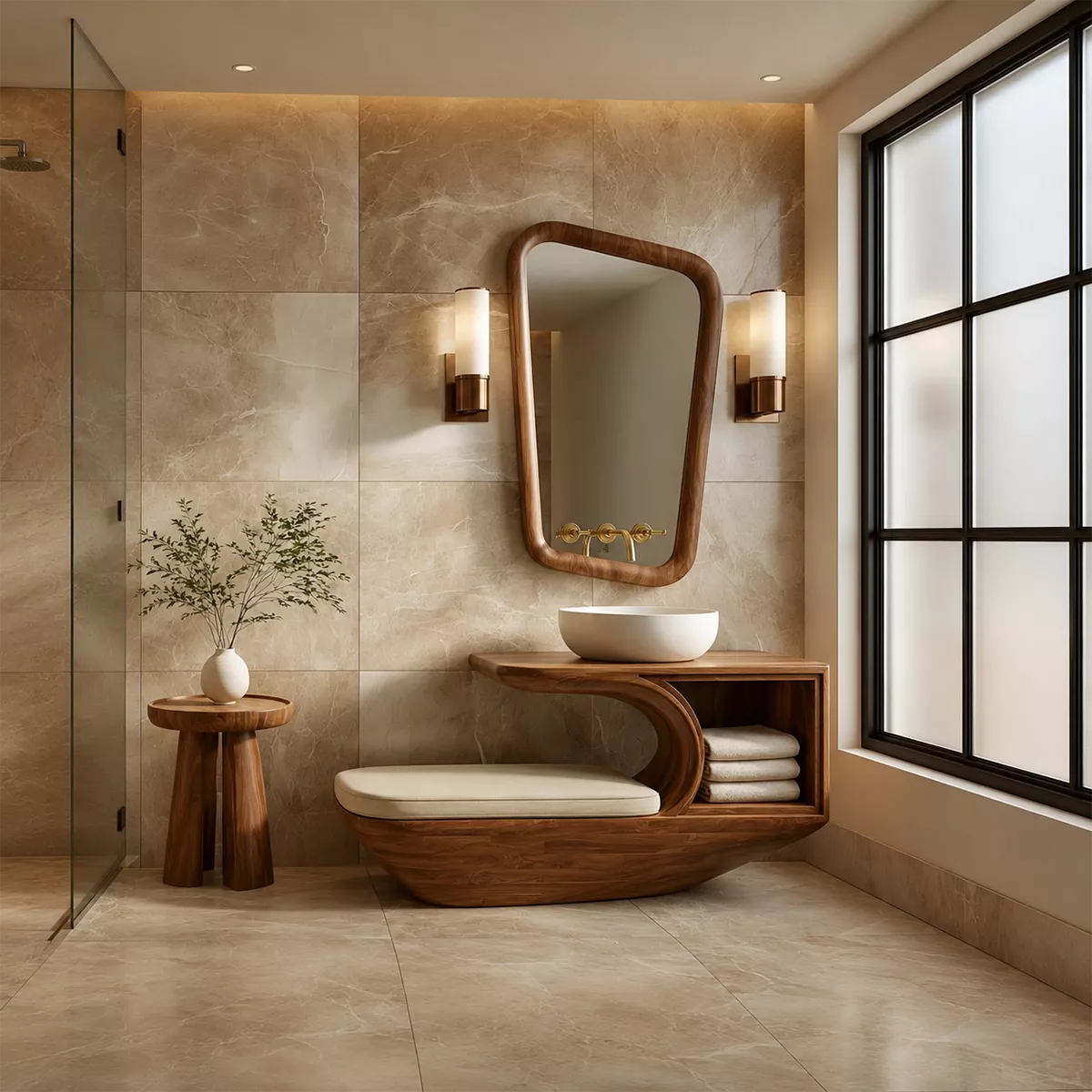 Solid Wood Bathroom Vanity With Integrated Bench Open Storage Shelf And Organic Mirror Frame