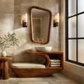 Solid Wood Bathroom Vanity With Integrated Bench Open Storage Shelf And Organic Mirror Frame
