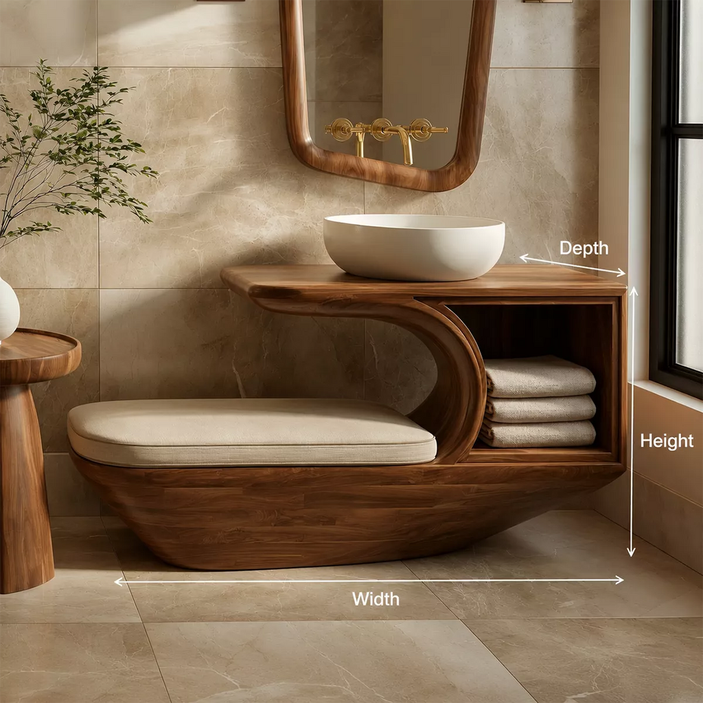 Solid Wood Bathroom Vanity With Integrated Bench Open Storage Shelf And Organic Mirror Frame