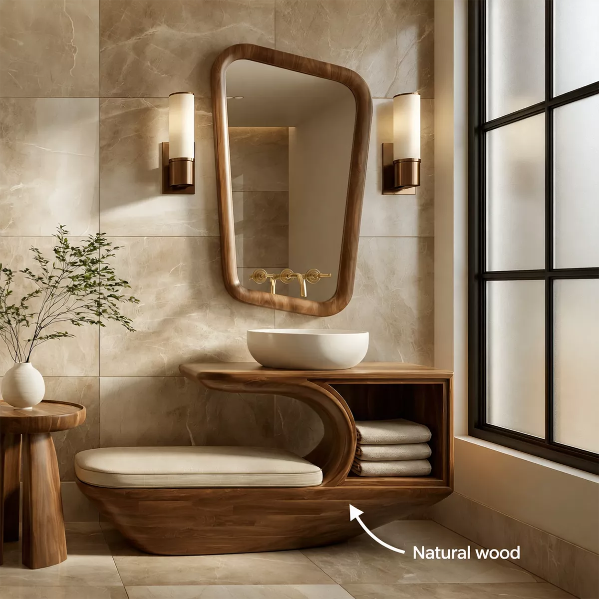 Solid Wood Bathroom Vanity With Integrated Bench Open Storage Shelf And Organic Mirror Frame