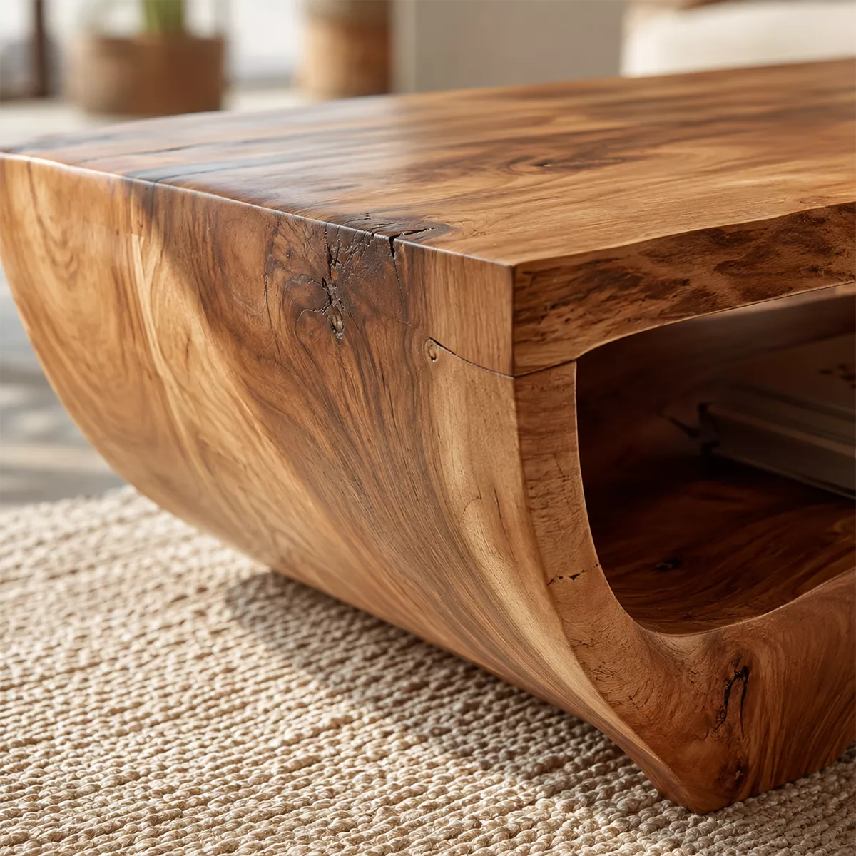Live Edge Solid Wood Coffee Table With Curved Waterfall Base And Open Shelf For Modern Living Room