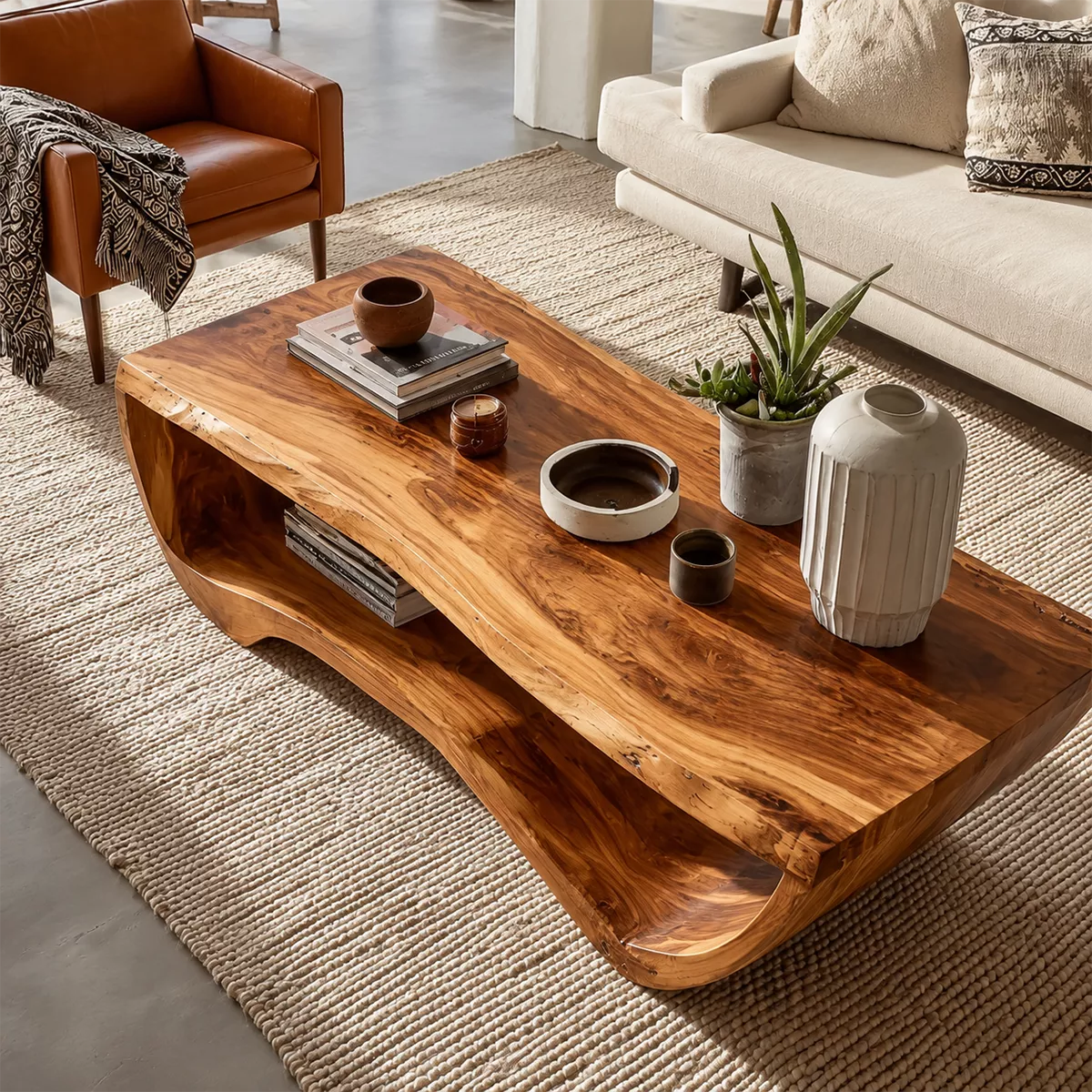 Live Edge Solid Wood Coffee Table With Curved Waterfall Base And Open Shelf For Modern Living Room