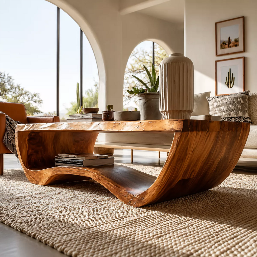 Live Edge Solid Wood Coffee Table With Curved Waterfall Base And Open Shelf For Modern Living Room