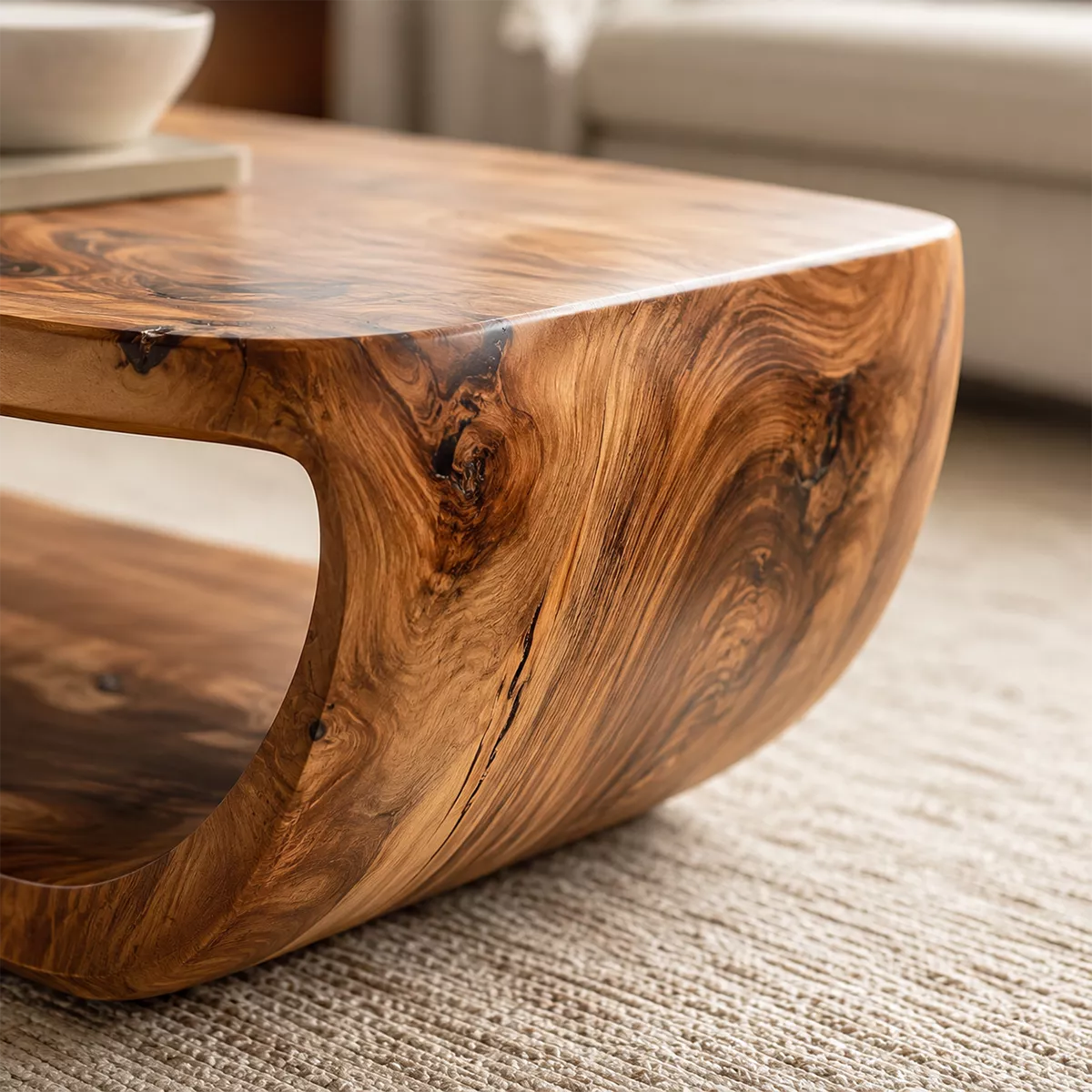 Live Edge Solid Wood Coffee Table With Curved Waterfall Base Open Shelf And Natural Wood Grain For Modern Living Room